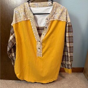 Floral and Plaid Yellow Button-Up Shirt